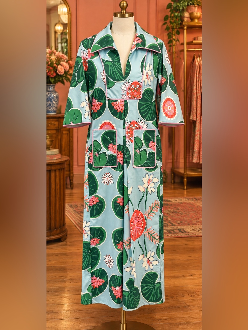 House of MBR Cassidy lolli Floral Lily-Print Maxi Dress in Aqua NWT $335